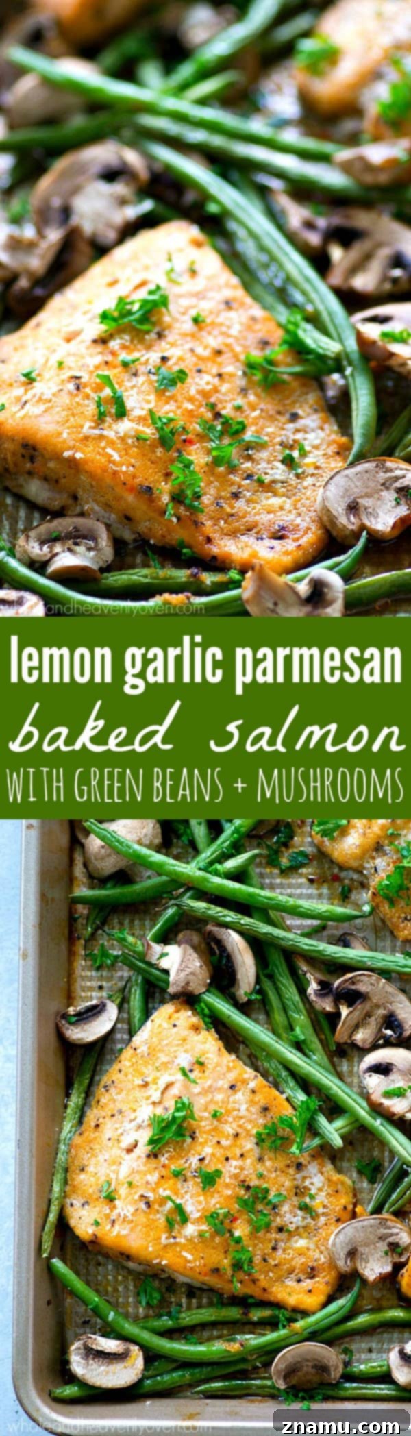 One Pan Lemon Garlic Parmesan Salmon with Green Beans and Mushrooms 6 Roasted in a flavorful lemon garlic Parmesan sauce and lots of little mushrooms and green beans, this baked salmon is a breeze to throw together for a weeknight dinner and is packed with SO many amazing flavors!