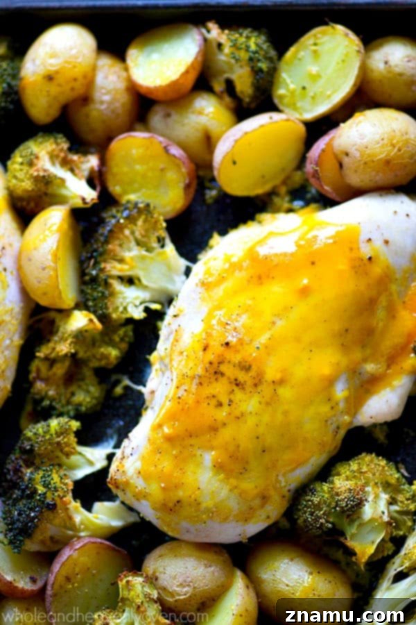 Sheet Pan Honey Mustard Chicken with Roasted Fingerlings and Broccoli 2 Sheet pan honey mustard chicken with fingerling potatoes and broccoli, ready for roasting