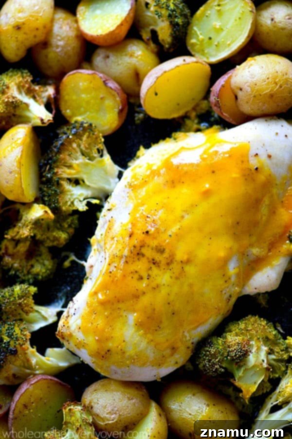 Sheet Pan Honey Mustard Chicken with Roasted Fingerlings and Broccoli 4 Ingredients for honey mustard chicken, potatoes, and broccoli mixed on a baking sheet