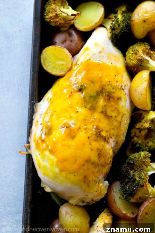 Sheet Pan Honey Mustard Chicken with Roasted Fingerlings and Broccoli 5 Golden brown roasted chicken, fingerling potatoes, and broccoli fresh from the oven