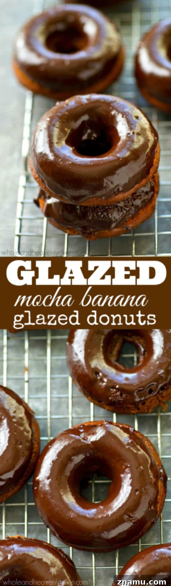 Glazed Mocha Banana Baked Delights 8 Stack of glazed mocha banana baked donuts with a rich chocolate coating