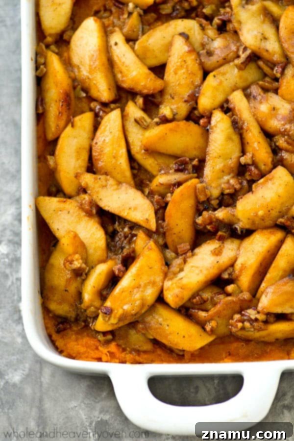 Caramel Apple Sweet Potato Delight 3 Sweet potato casserole gets an incredible makeover with this SUPER-easy version that features tons of tender caramelized apples piled on top.---Everyone will want seconds of this winner casserole!