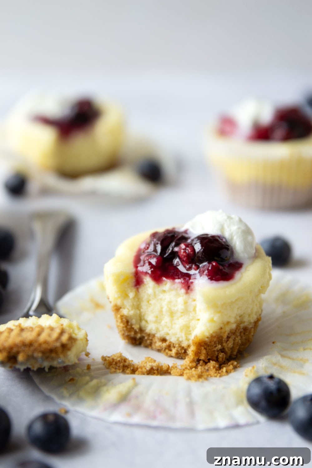 Berry Cheesecake Bites 5 Muffin tin lined with paper cups, ready for the graham cracker crust for mini cheesecakes