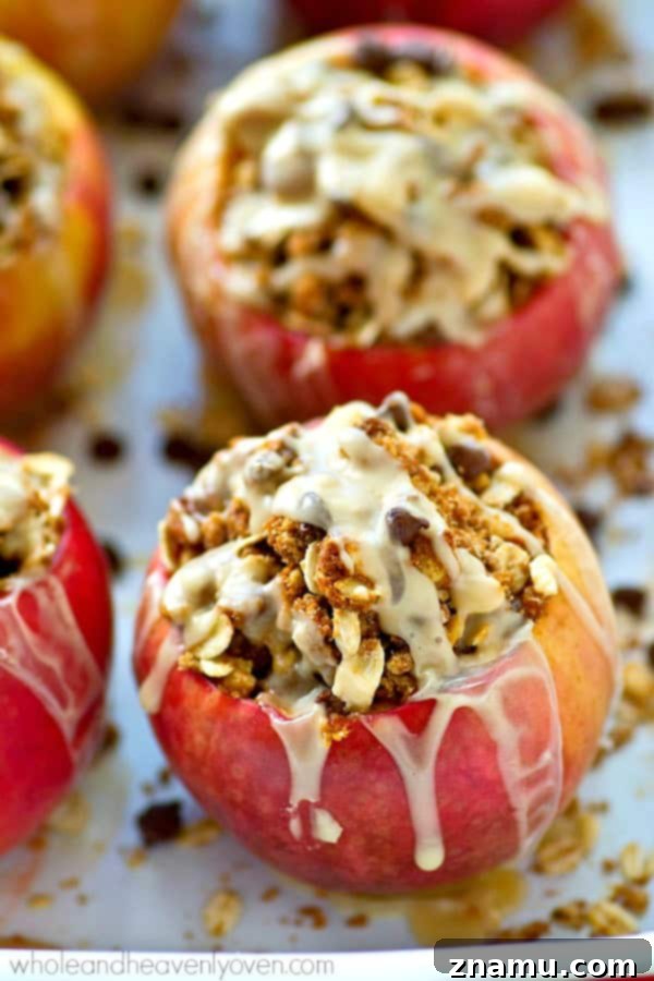 Chocolate Chip Iced Oatmeal Baked Apples 6 Preparation: Core apples and fill them generously with homemade oatmeal cookie dough, ready for baking.