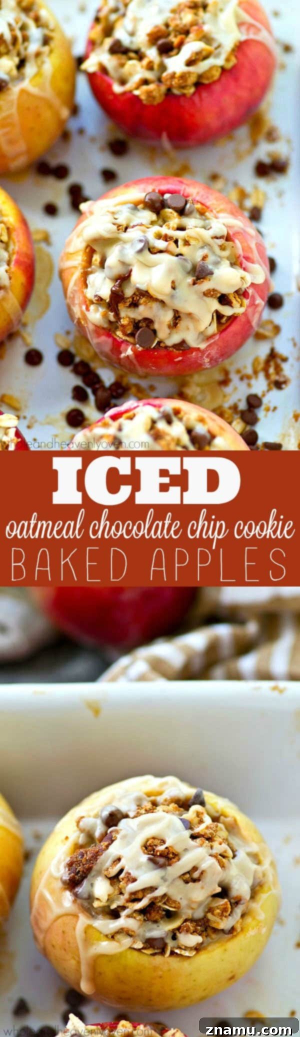 Chocolate Chip Iced Oatmeal Baked Apples 8 Platter of gorgeous Iced Oatmeal Chocolate Chip Cookie Baked Apples, topped with smooth vanilla icing and ready to serve.