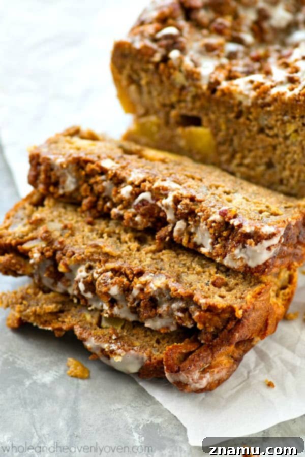 Glazed Apple Crumble Banana Bread 3 Studded with tender apple pieces and covered with tons of buttery streusel and glaze, this fall-style banana bread is so addicting, you might eat the entire loaf by yourself!