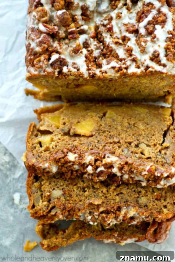 Glazed Apple Crumble Banana Bread 4 Studded with tender apple pieces and covered with tons of buttery streusel and glaze, this fall-style banana bread is so addicting, you might eat the entire loaf by yourself!