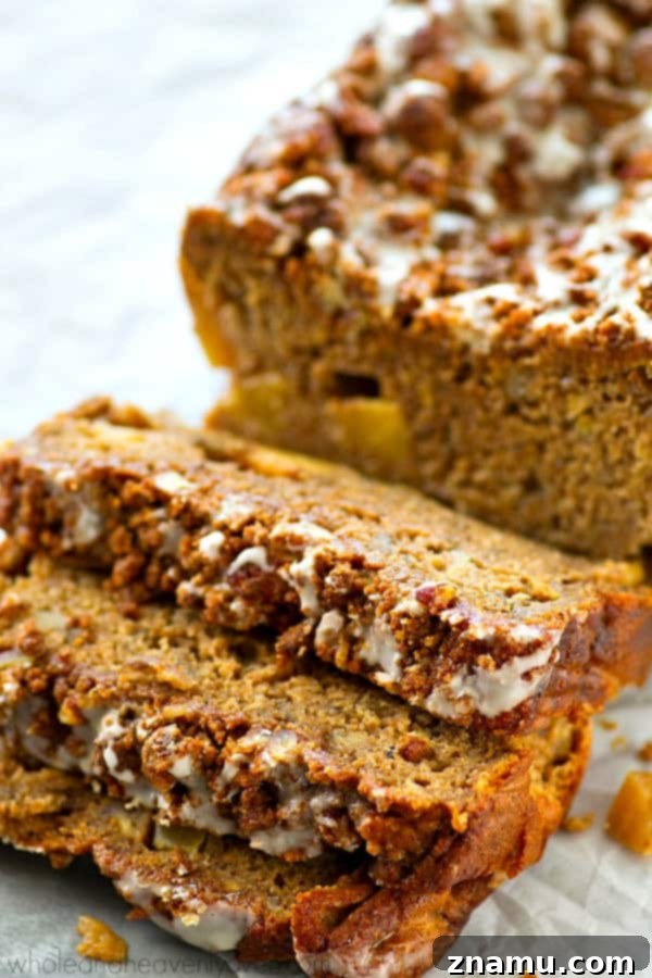 Glazed Apple Crumble Banana Bread 5 Studded with tender apple pieces and covered with tons of buttery streusel and glaze, this fall-style banana bread is so addicting, you might eat the entire loaf by yourself!