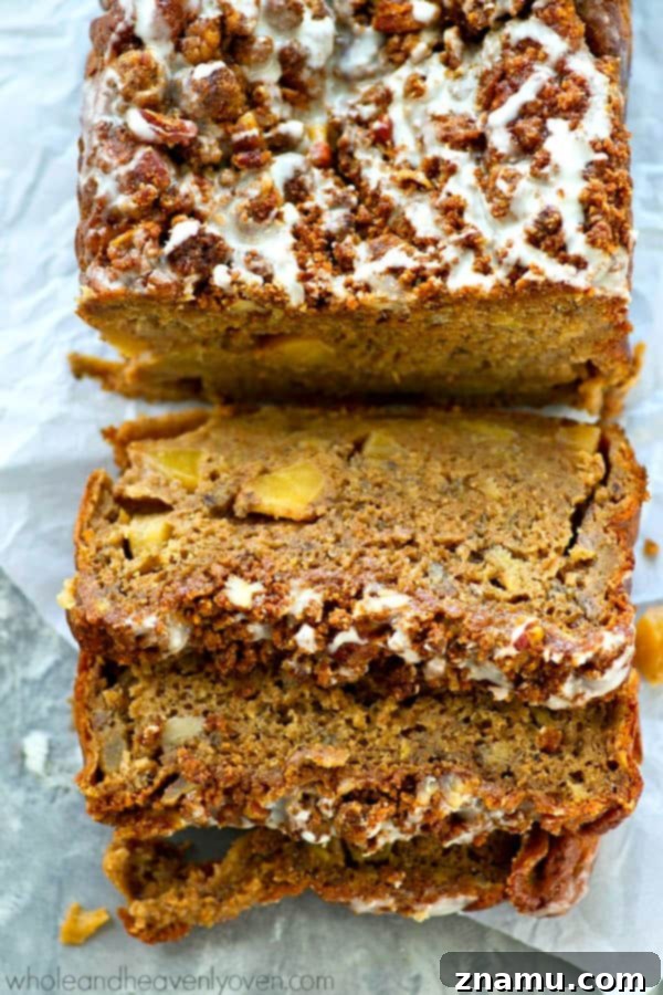 Glazed Apple Crumble Banana Bread 6 Studded with tender apple pieces and covered with tons of buttery streusel and glaze, this fall-style banana bread is so addicting, you might eat the entire loaf by yourself!