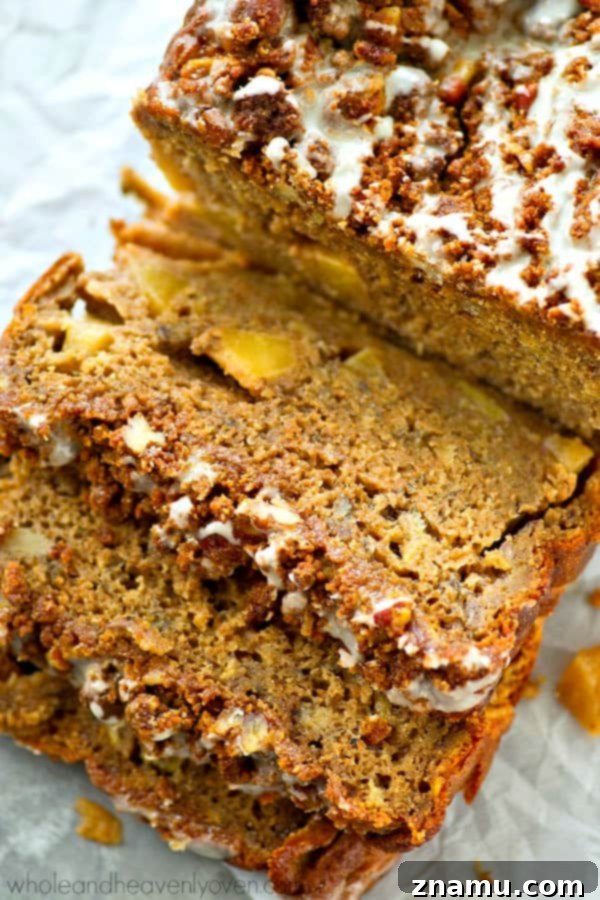 Glazed Apple Crumble Banana Bread 7 Studded with tender apple pieces and covered with tons of buttery streusel and glaze, this fall-style banana bread is so addicting, you might eat the entire loaf by yourself!