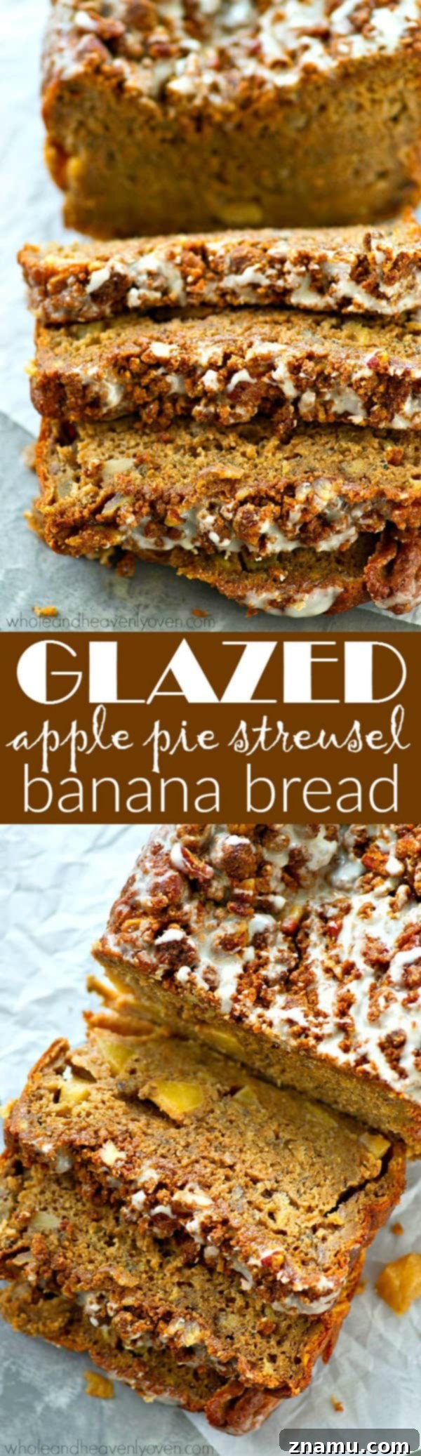 Glazed Apple Crumble Banana Bread 8 Studded with tender apple pieces and covered with tons of buttery streusel and glaze, this fall-style banana bread is so addicting, you might eat the entire loaf by yourself!