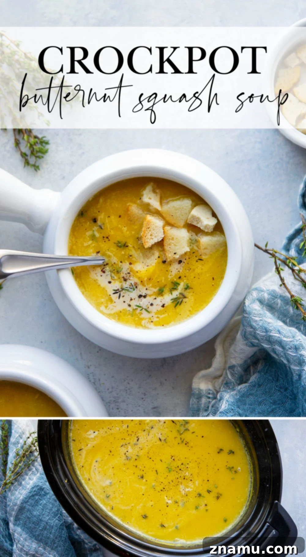 Creamy Crockpot Butternut Squash Soup 7 A rustic overhead shot of a bowl of slow cooker butternut squash soup, garnished with fresh thyme, next to a spoon, inviting you to dig in.