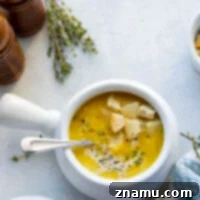 Creamy Crockpot Butternut Squash Soup 8 A bowl of rich, creamy crockpot butternut squash soup with garnishes.
