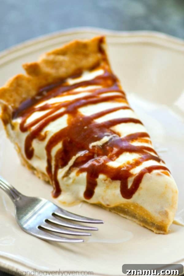Decadent No-Bake Caramel Pumpkin Cheesecake 5 Top-down view of the whole No-Bake Caramel Cheesecake Pumpkin Pie with generous caramel drizzle
