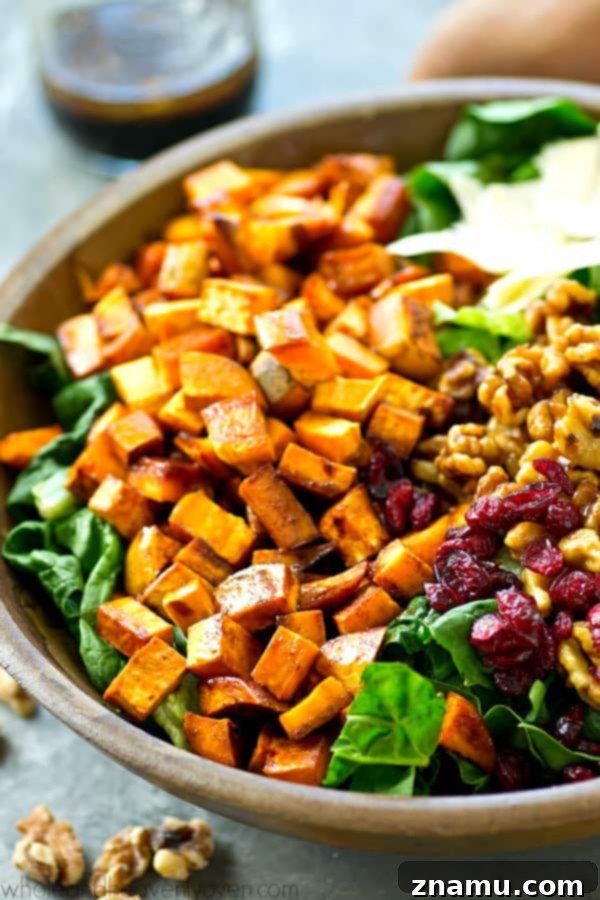 Maple Drizzled Moroccan Sweet Potato Salad with Candied Walnuts 3 This fall harvest salad is piled high with spiced roasted sweet potatoes, sweet candied walnuts, and tossed in a tangy maple dressing for a gorgeous Thanksgiving salad you won't be able to get enough of!
