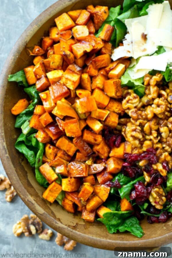 Maple Drizzled Moroccan Sweet Potato Salad with Candied Walnuts 4 This fall harvest salad is piled high with spiced roasted sweet potatoes, sweet candied walnuts, and tossed in a tangy maple dressing for a gorgeous Thanksgiving salad you won't be able to get enough of!