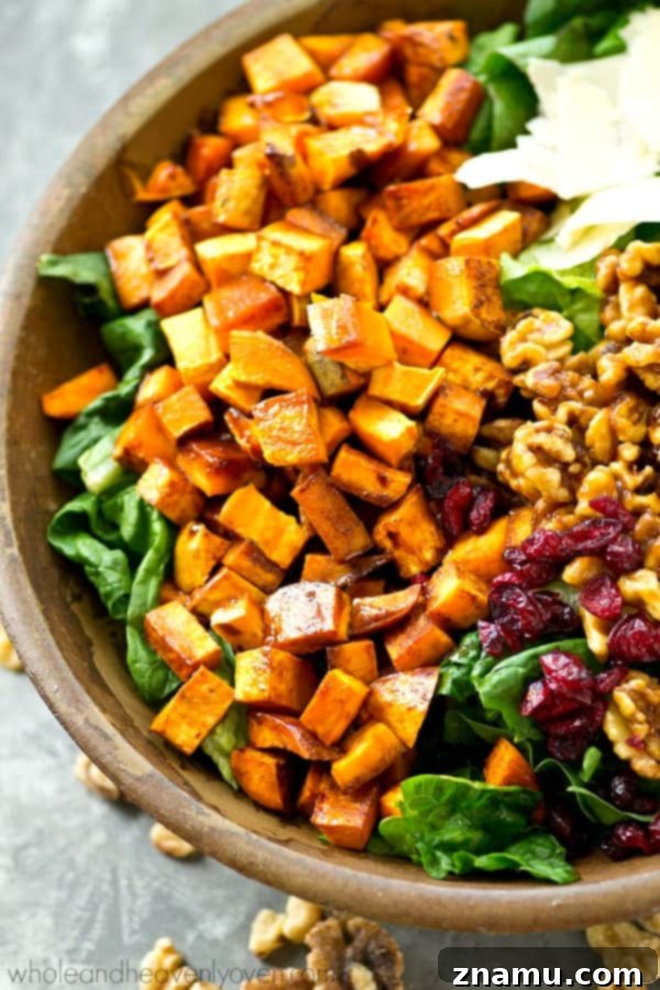 Maple Drizzled Moroccan Sweet Potato Salad with Candied Walnuts 6 This fall harvest salad is piled high with spiced roasted sweet potatoes, sweet candied walnuts, and tossed in a tangy maple dressing for a gorgeous Thanksgiving salad you won't be able to get enough of!