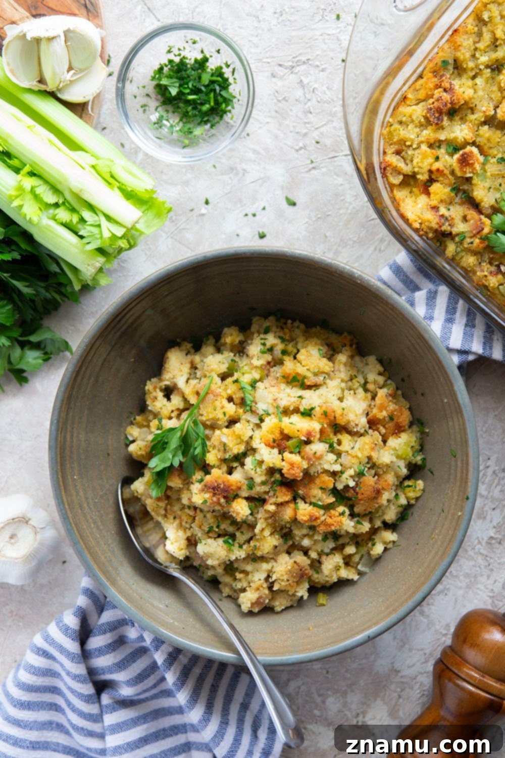 Family Favorite Cornbread Dressing 5 My mom's recipe for cornbread stuffing is an essential side dish on our Thanksgiving table and you'll soon see why it's the best ever! Super moist and flavorful and the perfect accompaniment to any turkey dinner.
