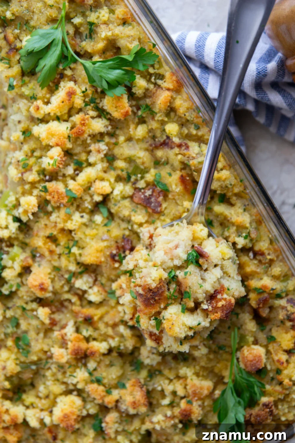 Family Favorite Cornbread Dressing 6 My mom's recipe for cornbread stuffing is an essential side dish on our Thanksgiving table and you'll soon see why it's the best ever! Super moist and flavorful and the perfect accompaniment to any turkey dinner.