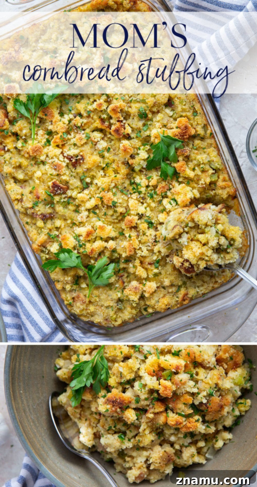 Family Favorite Cornbread Dressing 7 My mom's recipe for cornbread stuffing is an essential side dish on our Thanksgiving table and you'll soon see why it's the best ever! Super moist and flavorful and the perfect accompaniment to any turkey dinner.