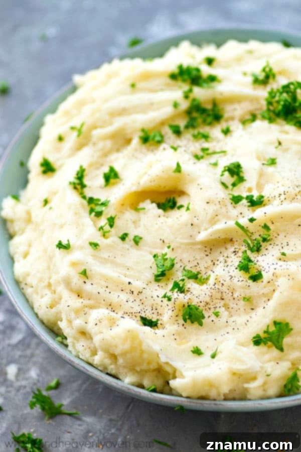 The Ultimate Creamy Garlic Whipped Potatoes 5 A close-up of a spoon scooping into the fluffy, whipped mashed potatoes, emphasizing their irresistible texture and perfect creaminess.
