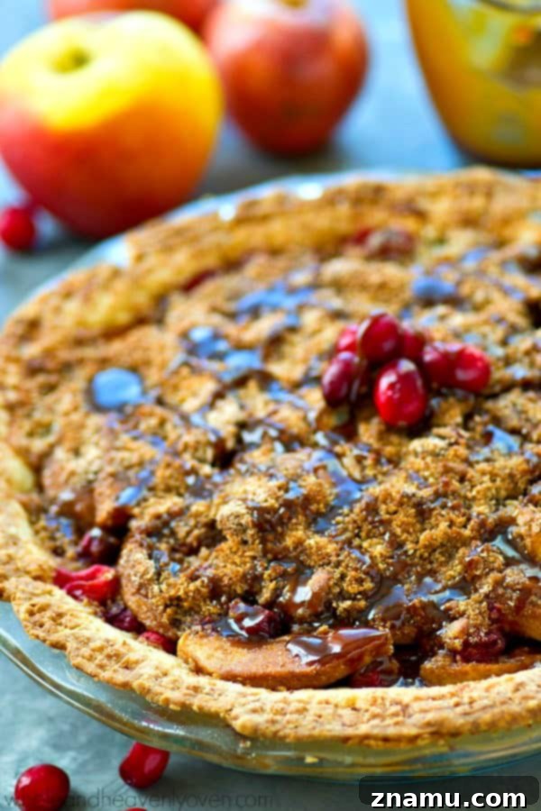 Golden Caramel Apple Cranberry Crumble 2 Decadent Cranberry Caramel Apple Crumb Pie with a rich caramel drizzle, perfect for Thanksgiving