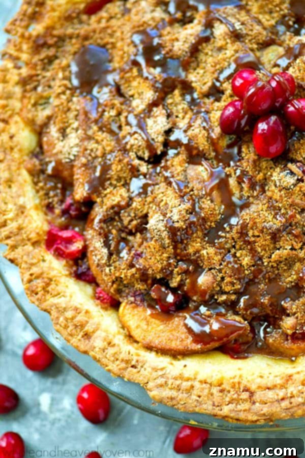 Golden Caramel Apple Cranberry Crumble 3 Juicy apple and tart cranberry filling under a golden crumb topping in a festive pie