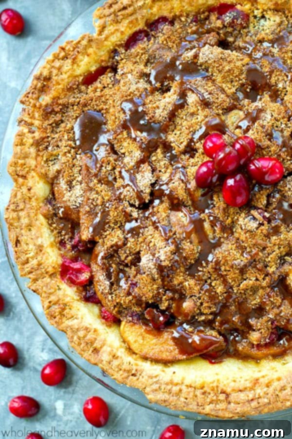 Golden Caramel Apple Cranberry Crumble 5 A generous slice of Cranberry Caramel Apple Crumb Pie on a plate, ready to be enjoyed