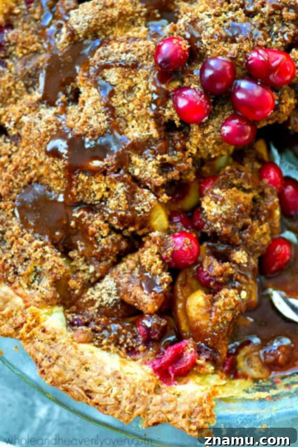 Golden Caramel Apple Cranberry Crumble 7 The rustic and inviting texture of the Cranberry Caramel Apple Crumb Pie, a Thanksgiving delight