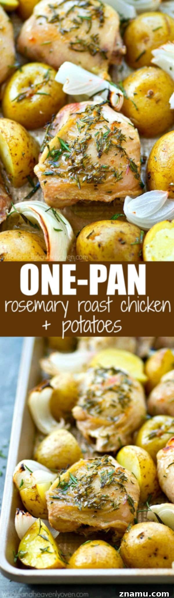 A full, hearty serving of one-pan rosemary roast chicken and potatoes on a rustic plate.