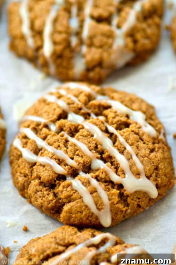 Closeup of the white chocolate drizzle on a flourless gingersnap cookie, highlighting the elegant topping.