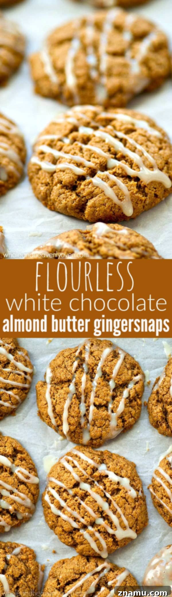 A full platter of delicious flourless white chocolate almond butter gingersnaps, freshly baked and drizzled.