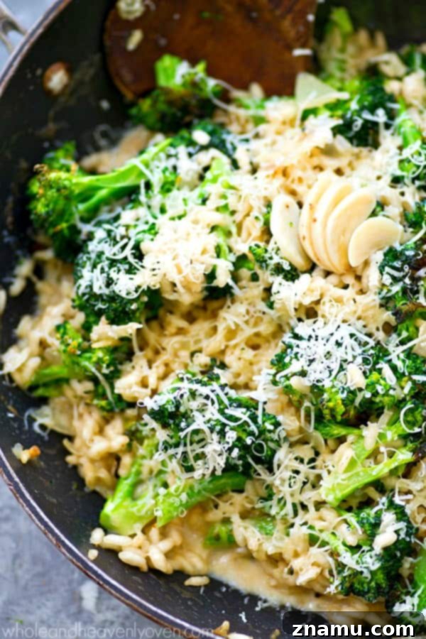 Comforting Roasted Garlic Broccoli Parmesan Risotto 6 A bowl of creamy Roasted Garlic Broccoli Parmesan Risotto, showcasing texture