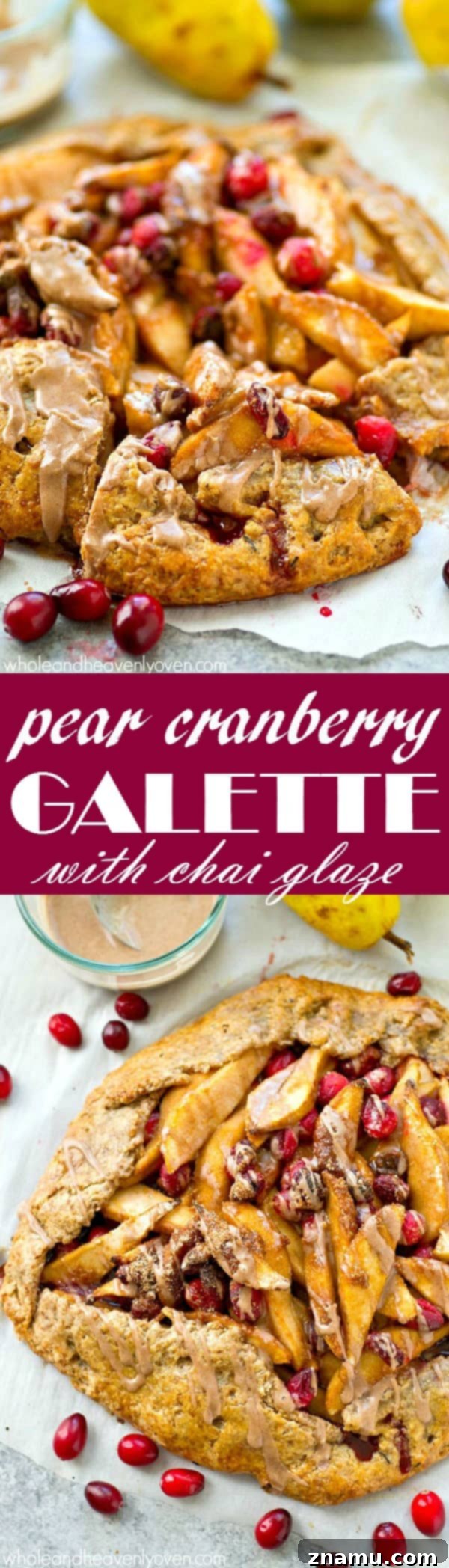 Large slices of chai spice-glazed pear cranberry galette on a serving plate.