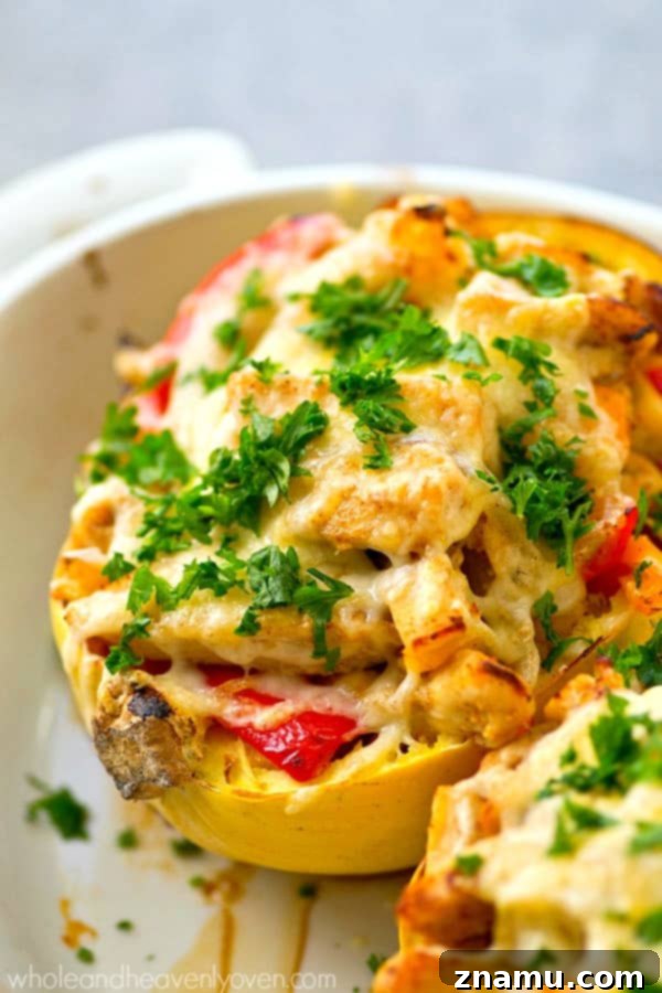Golden-brown spaghetti squash halves filled with a savory chicken fajita mixture and melted cheese, ready for serving