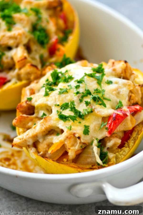 Overhead shot of a freshly baked chicken fajita spaghetti squash boat, garnished with vibrant fresh parsley and oozing with melted cheese