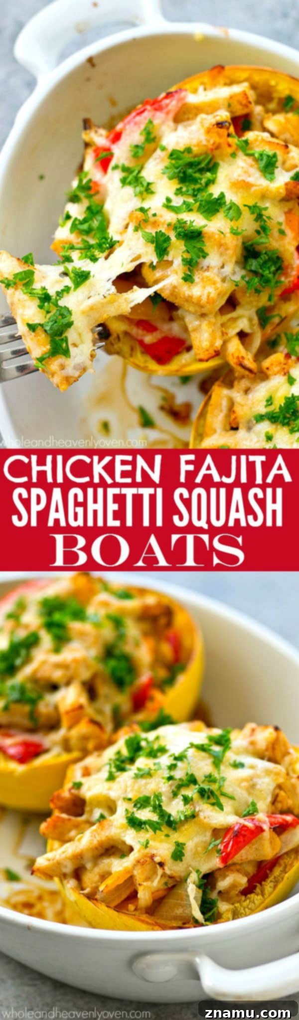 An appetizing close-up of a fork scooping into a chicken fajita spaghetti squash boat, showcasing the abundant filling and satisfying texture