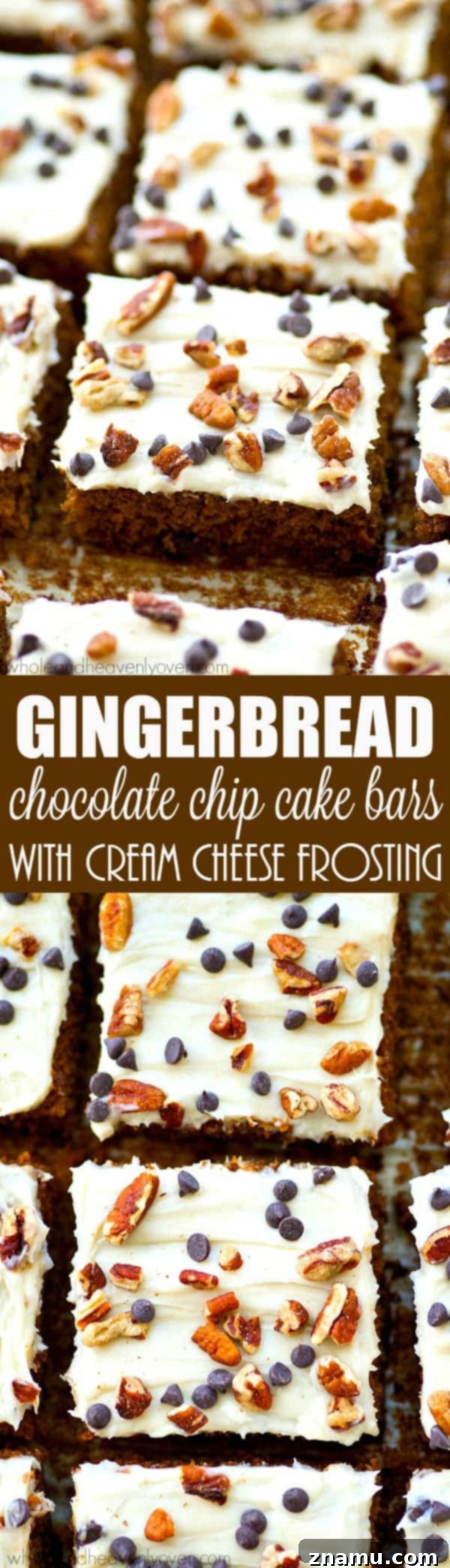 A serving platter filled with delicious gingerbread chocolate chip cake bars, garnished with pecans and mini chocolate chips.