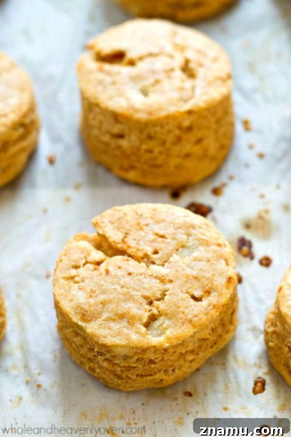 Fluffy Cheesy Potato Coconut Oil Biscuits 4 Several freshly baked cheesy coconut oil biscuits stacked on a plate.