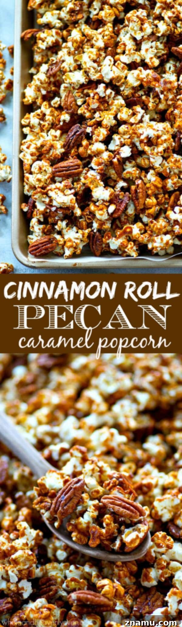 Pecan Praline Cinnamon Popcorn 8 Overhead view of a generous serving of Cinnamon Roll Pecan Caramel Popcorn in a festive bowl