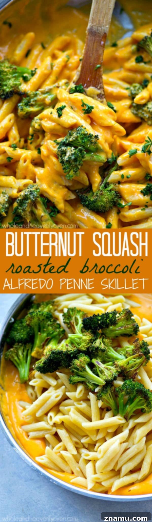 Creamy Butternut Squash and Roasted Broccoli Penne Skillet 8 Overhead shot of the creamy butternut squash alfredo penne skillet, with a fork poised for a delicious bite.
