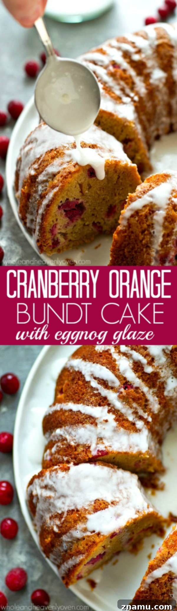 Spiced Eggnog Glazed Cranberry Orange Bundt 8 An Overhead Shot of Cranberry Orange Bundt Cake with Eggnog Glaze and Cranberry Garnish