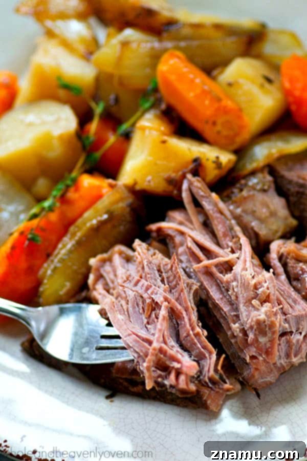 Slow-Cooked Balsamic Pot Roast with Sweet Caramelized Onions and Roasted Potatoes 3 Close-up of a bowl of Balsamic Pot Roast with potatoes, carrots, and caramelized onions
