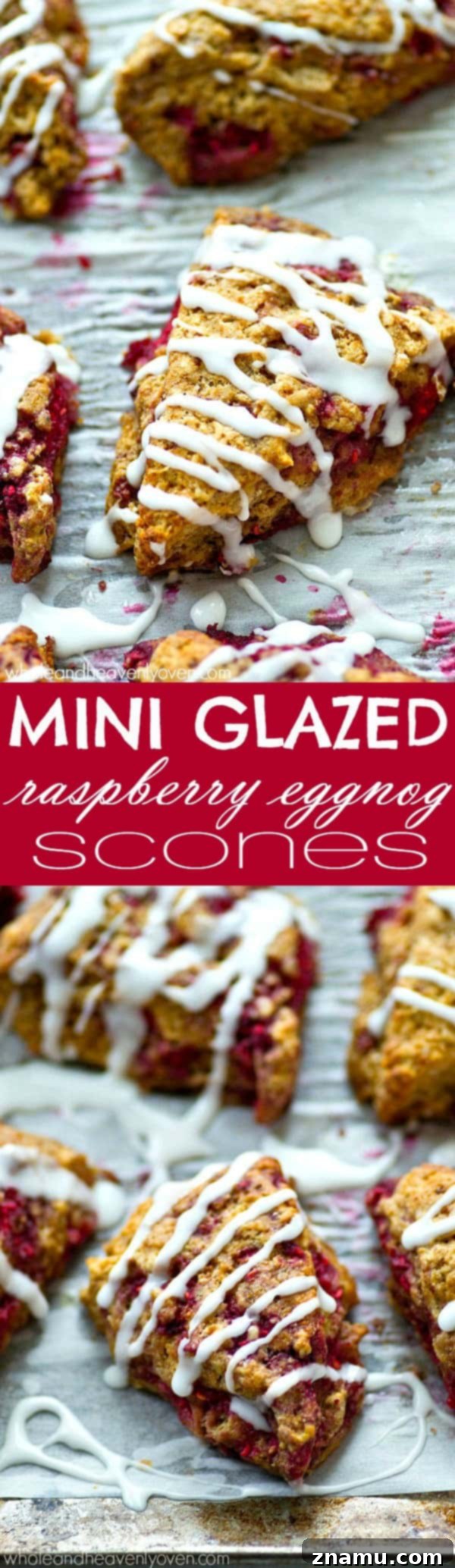 Sweet Glazed Raspberry Eggnog Scone Bites 8 A stack of golden, glazed mini eggnog scones with raspberries, presented on a rustic board with a scattering of loose berries, emphasizing their homemade appeal.