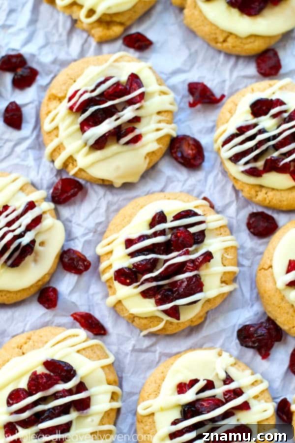 Blissful Cranberry White Chocolate Sugar Cookies 3 Close-up of a stack of festive White Chocolate Cranberry Bliss Sugar Cookies, showing the creamy frosting and dried cranberries.