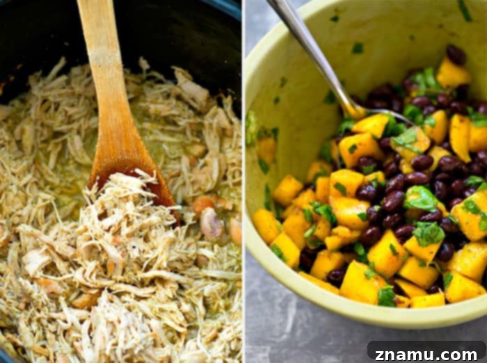 Easy Crockpot Green Chile Chicken Tacos with Fresh Mango Black Bean Salsa 5 Overhead view of slow cooker chicken simmering in green chile sauce