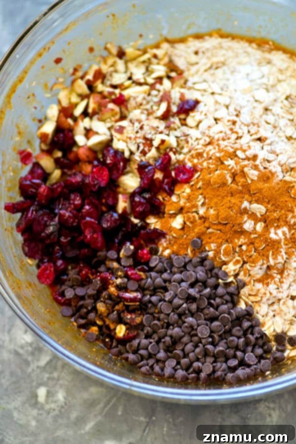 Energizing One-Bowl Chocolate Chip Trail Mix Breakfast Cookies 5 A plate of freshly baked, wholesome chocolate chip trail mix breakfast cookies, ready to be enjoyed.