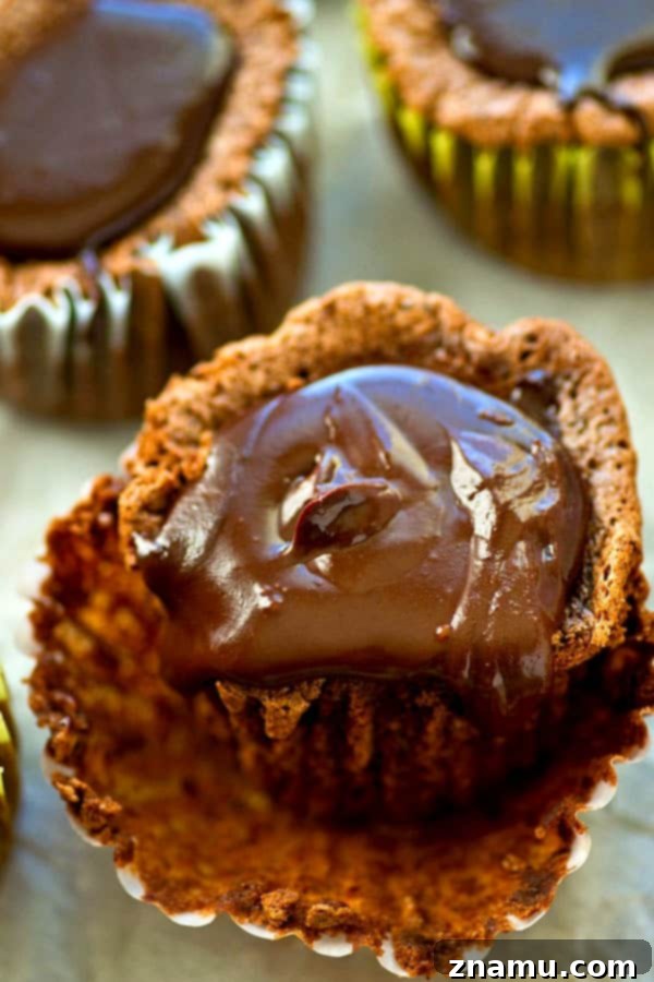 Decadent Flourless Chocolate Fudge Cupcakes 2 Decadent Flourless Chocolate Cupcakes topped with a rich fudge glaze, ready to be enjoyed. Each cupcake is low in calories.