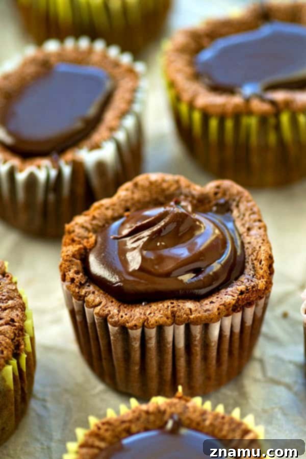Decadent Flourless Chocolate Fudge Cupcakes 3 Close-up of a single flourless chocolate cupcake, showing its moist texture and shiny fudge glaze.