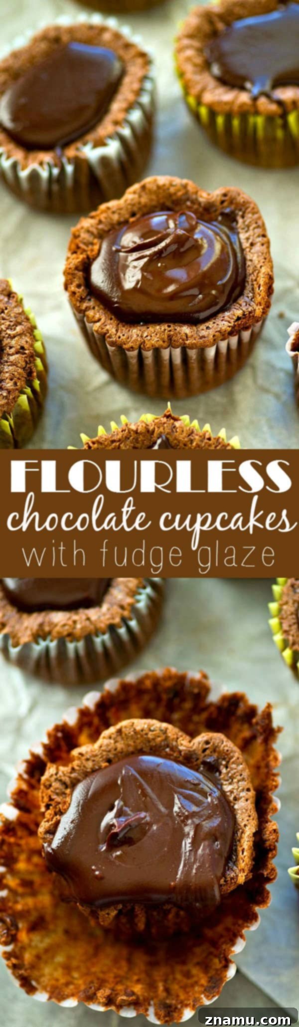 Decadent Flourless Chocolate Fudge Cupcakes 7 A tray of finished Flourless Chocolate Cupcakes with Fudge Glaze, showcasing their glossy topping and inviting appearance.